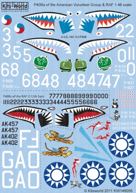 キッツワールド KW148058 1/48 WWII イギリス空軍 P-40B トマホーク 第112飛行隊/アメリカ合衆国義勇軍用デカール