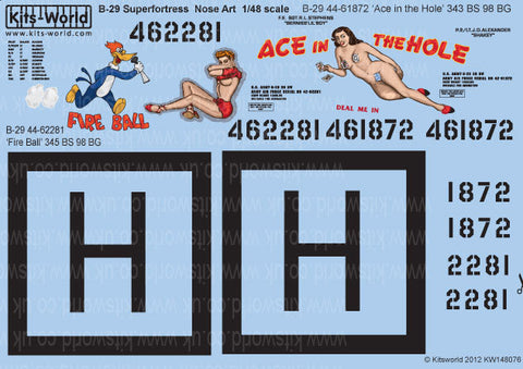 キッツワールド KW148076 1/48 アメリカ陸軍 B-29 スーパーフォートレス用デカール 第98爆撃飛行群 第343爆撃飛行隊/第98爆撃飛行群 第345爆撃飛行隊