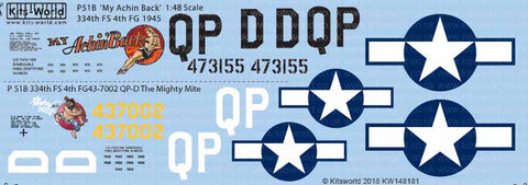 キッツワールド KW148181 1/48 アメリカ陸軍 P-51B マスタング `My Achin Back` & `The Mighty Mite` ノーズアート機デカール