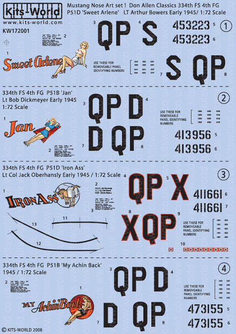 キッツワールド KW172001 1/72 WWII アメリカ陸軍 P-51 マスタング `Sweet Arlene` & `Jan` & `Iron Ass` & `My Achin Back`