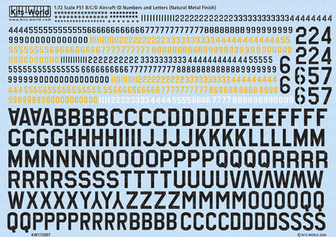 キッツワールド KW172007 1/72 WWII P-51 マスタング 汎用レター&ナンバーデカール (無塗装銀機体用)
