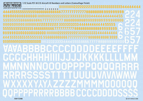 キッツワールド KW172008 1/72 WWII P-51 マスタング 汎用レター&ナンバーデカール (迷彩塗装機体用)
