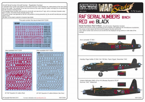 キッツワールド KW172028 1/72 イギリス空軍 爆撃機用 8インチ シリアルナンバーデカール レッド/ブラック