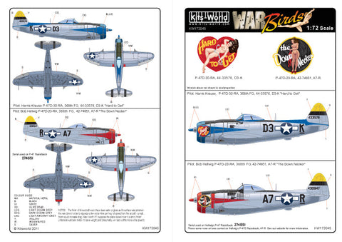 キッツワールド KW172045 1/72 WWII アメリカ空軍 P-47D サンダーボルト 第368戦闘群 第397戦闘飛行隊 `Hard to Get` & `The Down Necker`用