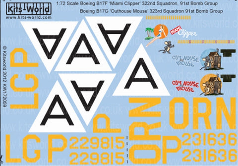 キッツワールド KW172059 1/72 アメリカ陸軍 B-17F/G フライングフォートレス 第91爆撃飛行群 第322爆撃飛行隊 `Miami Clipper`, `Outhouse Mouse`