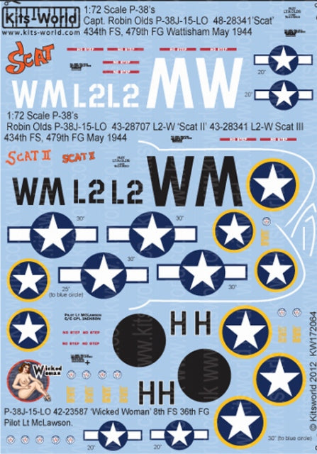 キッツワールド KW172064 1/72 アメリカ陸軍 P-38 ライトニング 第479戦闘群 第434戦闘飛行隊 `Scat II` `Scat III`, 第36戦闘群 第8戦闘飛行隊 `Wicked Woman`