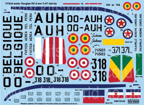 キッツワールド KW172122 1/72 ダグラス DC-3, OO-AUH, operated by Sabena Belgian Airlines, 1940.Douglas C-47,・・・