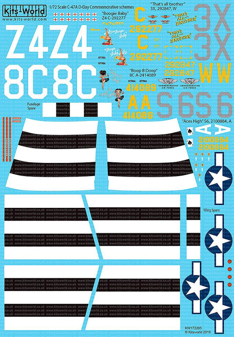 キッツワールド KW172205 1/72 アメリカ空軍 ダグラス ダコタC-47-A “Boogie Baby” Z4 C-292277 C-47 “Boop B Doop” 8C A-2414089 C-47 “That’s all brother” 3X, 292847, W C-47 “Aces High” S6, 2100884, A