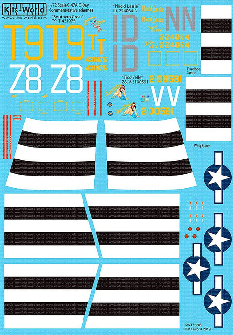 キッツワールド KW172206 1/72 アメリカ空軍 ダグラス ダコタC-47-A “Southern Cross” T9, T-431975 ? C47 “Tico Belle” Z8, V-2100591 C-47 “Placid Lassie” ID, 224064, N
