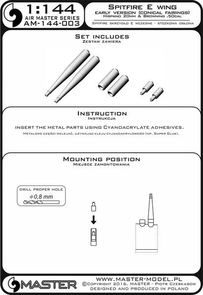 マスター AM-144-003 1/144 スーパーマリンスピットファイア Eウィング 初期型武装(円錐形フェアリング) フェアリング付イスパノ20mmキャノン砲 砲身とブローニング .50キャリバー銃身