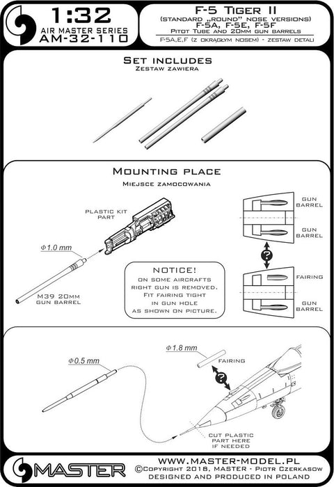 マスター AM-32-110 1/32 F-5 タイガーII「フリーダムファイター」(標準ノーズ型 F-5A, E, F) のピトー管と 20mm機関砲銃身