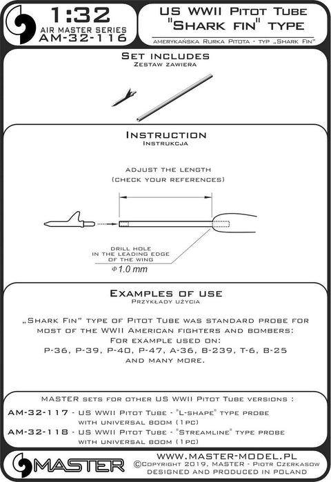 マスター AM-32-116 1/32 アメリカ軍 WWII時のピトー管 (先端がシャークフィン型 1本)P-36, P-39, P-40, P-47, A-36, B-239, T-6, B-25 他用