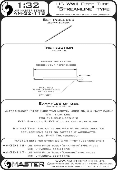 マスター AM-32-118 1/32 アメリカ軍 WWII時のピトー管 (先端がストリームライン型 1本)主にアメリカ海軍 初期の航空機(F-2A バッファロー, F4F-3 ワイルドキャット等)用