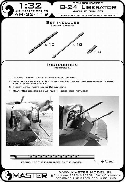 マスター AM-32-119 1/32 B-24 リベレーター砲塔砲 ブローニングM2航空機関砲 .50キャリバーの 放熱バレルジャケット付銃身10本セット(ホビーボス用)