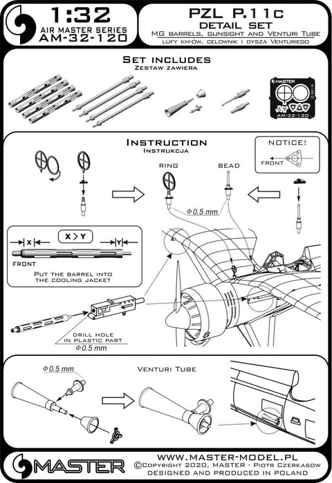 マスター AM-32-120 1/32 ポーランド 戦闘機 PZL P.11c のディテールセット wz. 33 機関銃銃身,ガンサイト,およびベンチュリ管(IBGモデル用)