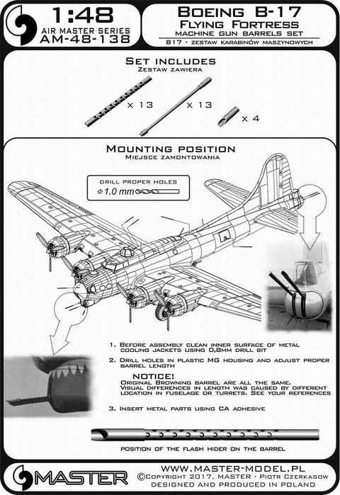 マスター AM-48-138 1/48 ボーイングB-17 フライングフォートレス機関銃セット(ブローニングM2航空機関砲 .50キャリバーのフラッシュハイダー付銃身)