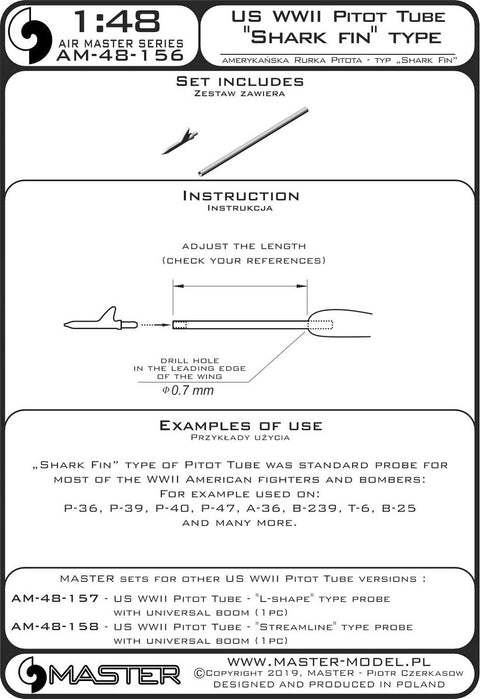 マスター AM-48-156 1/48 アメリカ軍 WWII時のピトー管 (先端がシャークフィン型 1本)P-36, P-39, P-40, P-47, A-36, B-239, T-6, B-25 その他多くの機体用