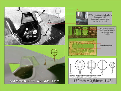 マスター AM-48-160 1/48 PZL P11c -ディテールセット - wz. 33 マシンガンバレル, 照準器 & ベンチュリ管