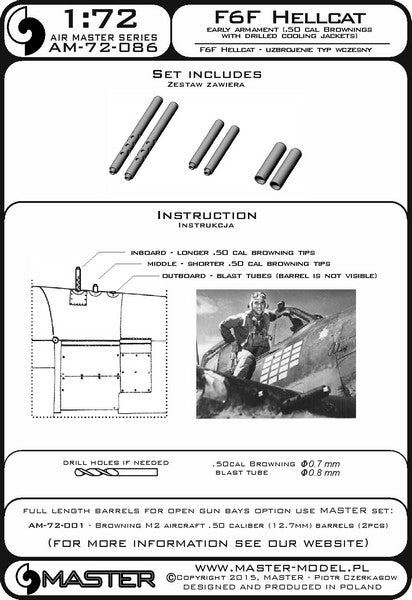 マスター AM-72-086 1/72 F6F ヘルキャットの初期武装(ブローニング .50 キャリバーの放熱バレルジャケット付銃身)