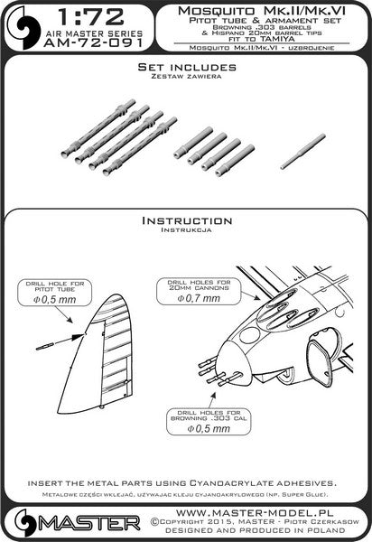 マスター AM-72-091 1/72 デ・ハビランド モスキート NF Mk.II / FB Mk.VI のピトー管と武装セット(ブローニング .303キャリバー銃身とイスパノ20mmキャノン砲の銃口)
