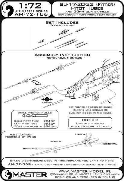 マスター AM-72-106 1/72 スホーイ Su-17, Su-20, Su-22 (フィッター)のピトー管(全バージョンのオプションパーツ)および 30mm機関砲銃身