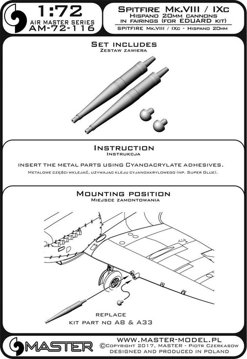 マスター AM-72-116 1/72 スピットファイア Mk.VIII/IXc フェアリング付イスパノ 20mm機関砲 (エデュアルド用)