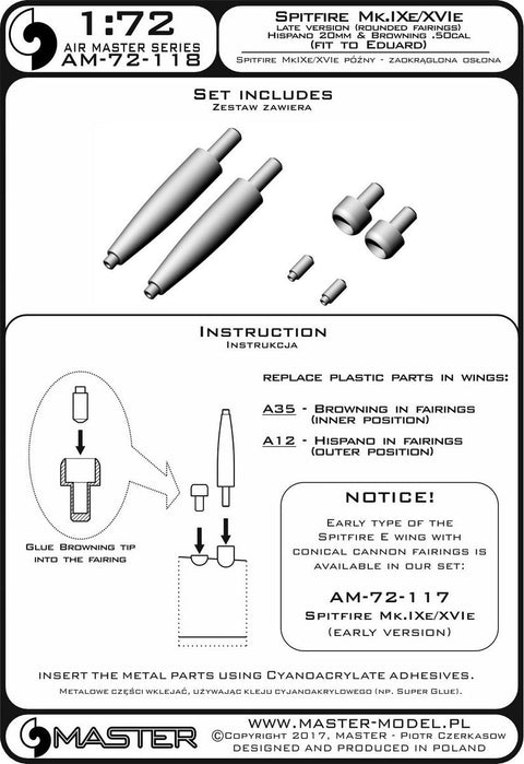 マスター AM-72-118 1/72 スピットファイア Mk.IXe/XVIe 後期型武装(円筒形フェアリング) フェアリング付イスパノ20mmキャノン砲 砲身とブローニング .50キャリバー銃身(エデュアルド用)