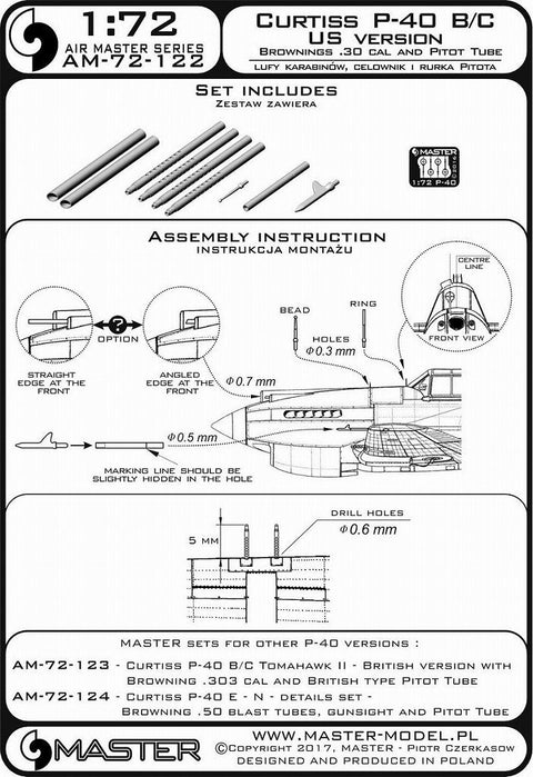 マスター AM-72-122 1/72 カーチス P40- B/C (アメリカンバージョン) 装備セット(ブローニング.30キャリバー銃身とアメリカンタイプ ピトー管)