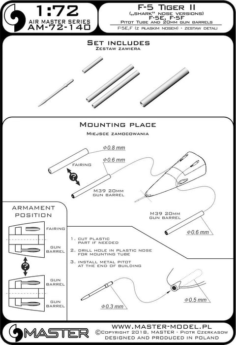 マスター AM-72-140 1/72 F-5 タイガーII「フリーダムファイター」(シャークノーズ型 F-5E, F) ピトー管と20mm機関砲銃身
