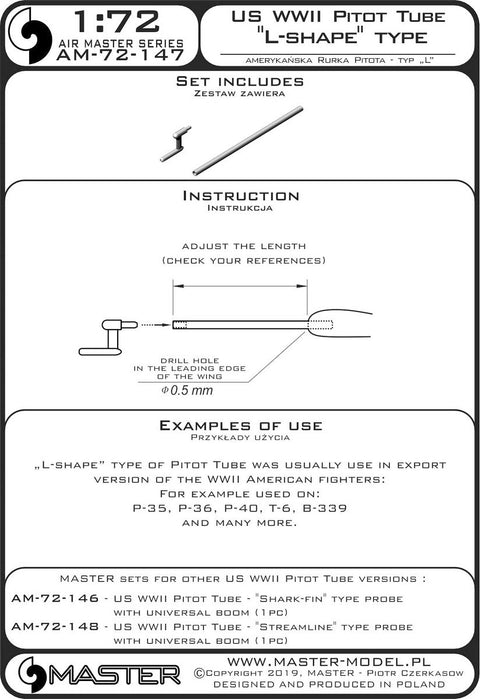 マスター AM-72-147 1/72 アメリカ軍 WWII時のピトー管 (先端がL字型 1本)アメリカの航空機の輸出仕様(例 P-35, P-36, P-40, T-6, B-339 他 )