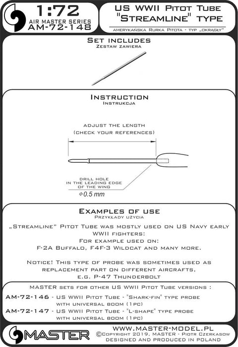 マスター AM-72-148 1/72 アメリカ軍 WWII時のピトー管 (先端がストリームライン型 1本)主にアメリカ海軍 初期の航空機(F-2A バッファロー, F4F-3 ワイルドキャット他)用