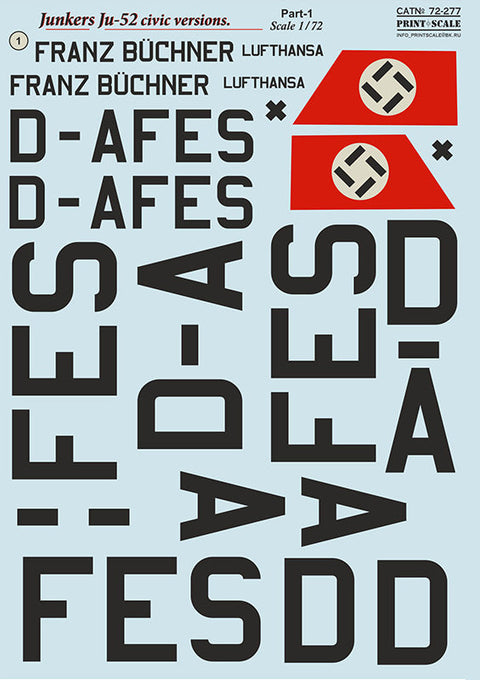 プリントスケール 72-277 1/72 ユンカース Ju52 民間型 Part1 コンプリートセット