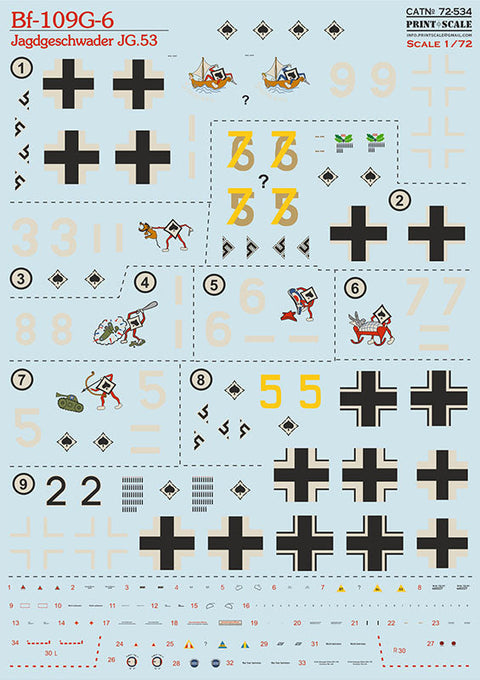 プリントスケール 72-534 1/72 メッサーシュミット Bf-109G-6 第53戦闘航空団(JG.53)