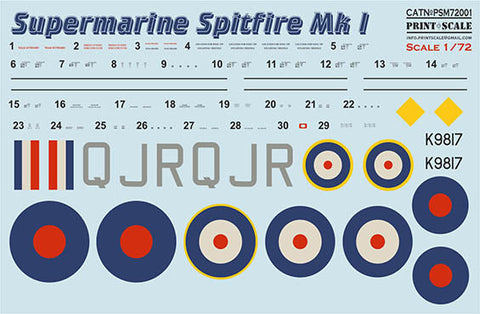 プリントスケール PSM72001 1/72 スーパーマリン スピットファイア Mk.1