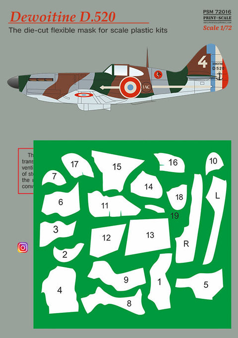 プリントスケール PSM72016 1/72 デヴォワティーヌ D.520 マスク + デカール