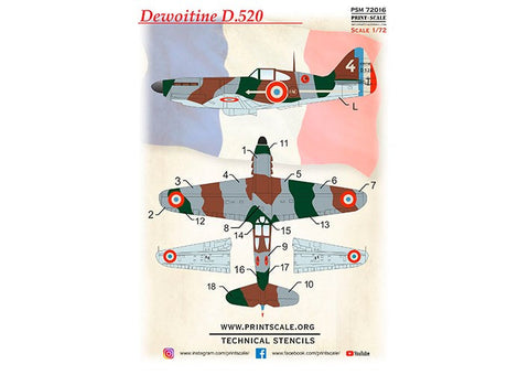 プリントスケール PSM72016 1/72 デヴォワティーヌ D.520 マスク + デカール