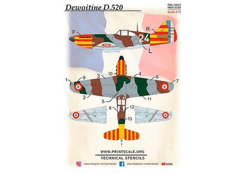 プリントスケール PSM72017 1/72 デヴォワティーヌ D.520 マスク + デカール