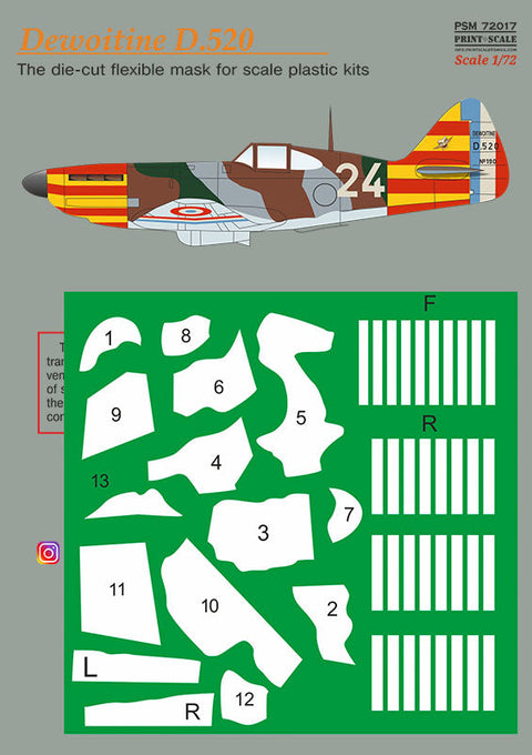 プリントスケール PSM72017 1/72 デヴォワティーヌ D.520 マスク + デカール
