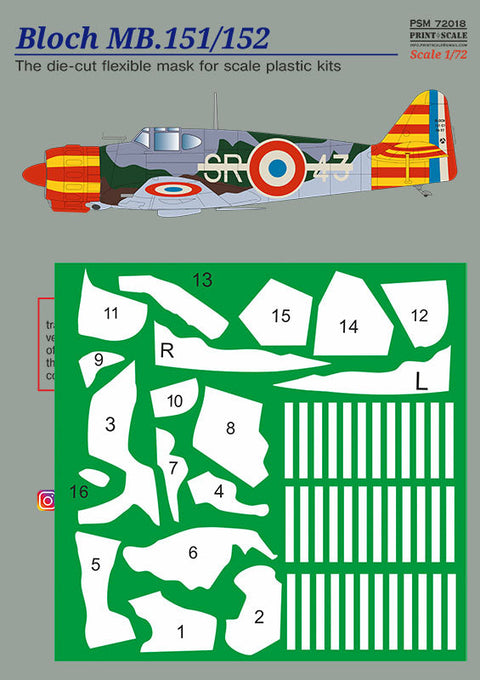 プリントスケール PSM72018 1/72 ブロッホ MB.151/152 マスク + デカール