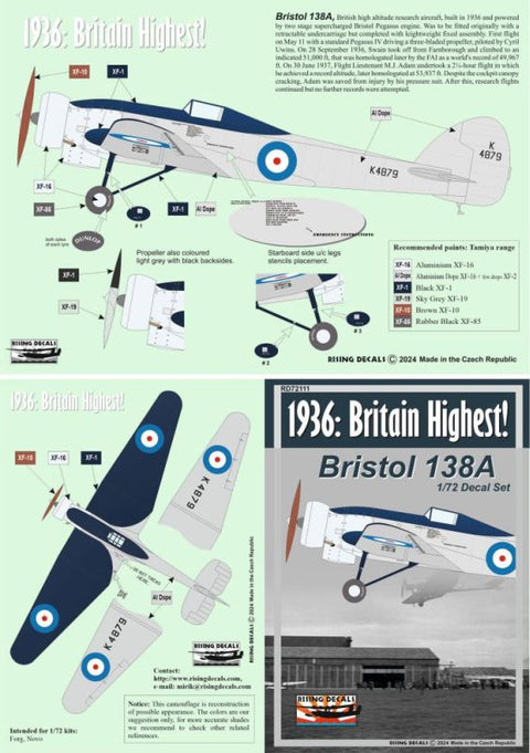 ライジングデカール 72-111 1/72 ブリストル 138A 高高度飛行実験機(イギリス1936年) デカール