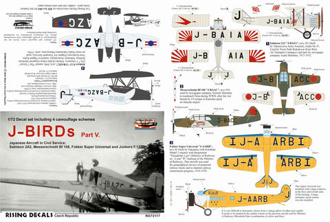 ライジングデカール RD72117 1/72 J-BIRDs パートV:サルムソン2A2、Bf108、フォッカー スーパーユニバーサル、ユンカース F.13 民間仕様
