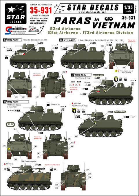 スターデカール 35-931 1/35 ベトナム戦争のアメリカ空挺部隊のM113 ACAV