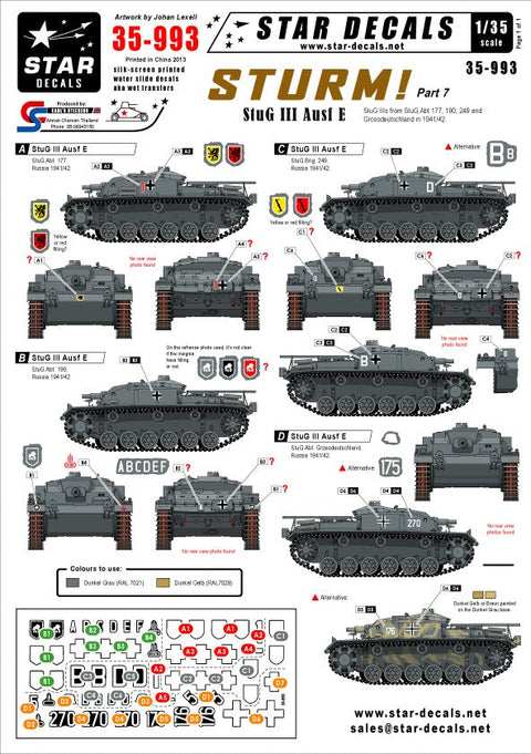 スターデカール 35-993 1/35 突撃砲#7 III号突撃砲E型 第177,190,249突撃砲大隊・グロースドイッチュラント師団 1941/42