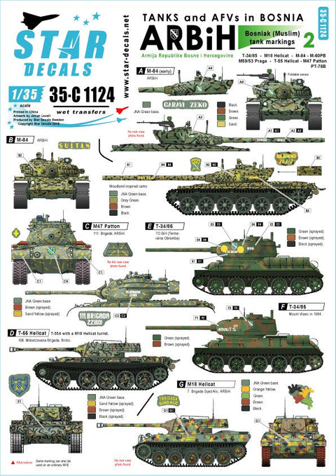 スターデカール 35-C1124 1/35 ボスニア紛争のAFV #2 ボシュニャク人勢力のM-84, T-34, Hellcat, M-60PB, M47, M53/59 Praga