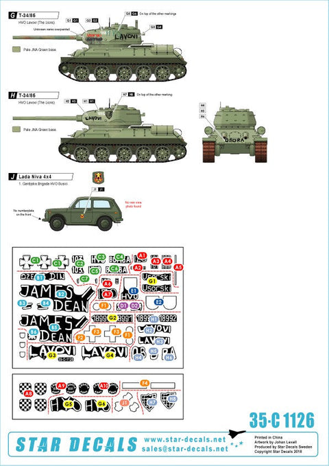 スターデカール 35-C1126 1/35 ボスニア紛争のAFV #4 クロアチア人勢力の M-84, T-34, Praga, M-60. 2S1, BRDM-2, VW T3