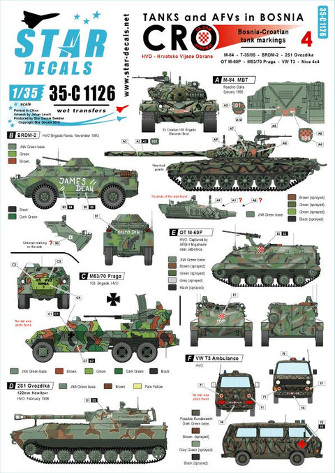 スターデカール 35-C1126 1/35 ボスニア紛争のAFV #4 クロアチア人勢力の M-84, T-34, Praga, M-60. 2S1, BRDM-2, VW T3