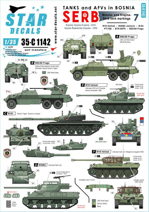 スターデカール 35-C1142 1/35 ボスニア紛争のAFV #7 セルビア人のM18ヘルキャット, M36B2ジャクソン, M84, PT-76B, BTR-50PK, M53/59ブラガ