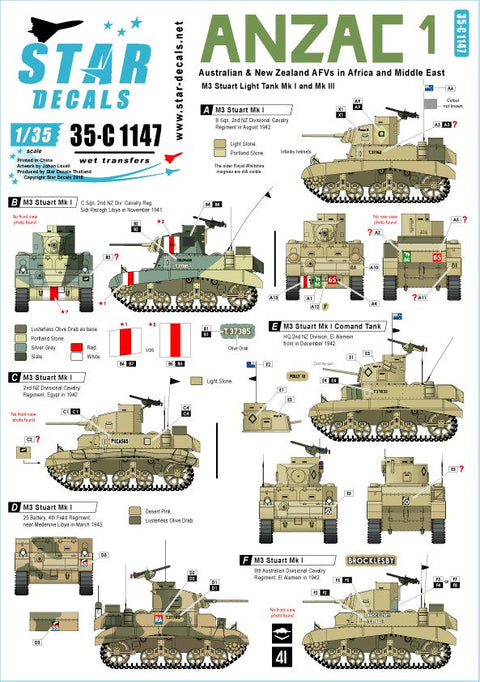 スターデカール 35-C1147 1/35 アンザック軍 #1 オーストラリア&ニュージーランド軍 イン 中東,アフリカ M3スチュアート軽戦車