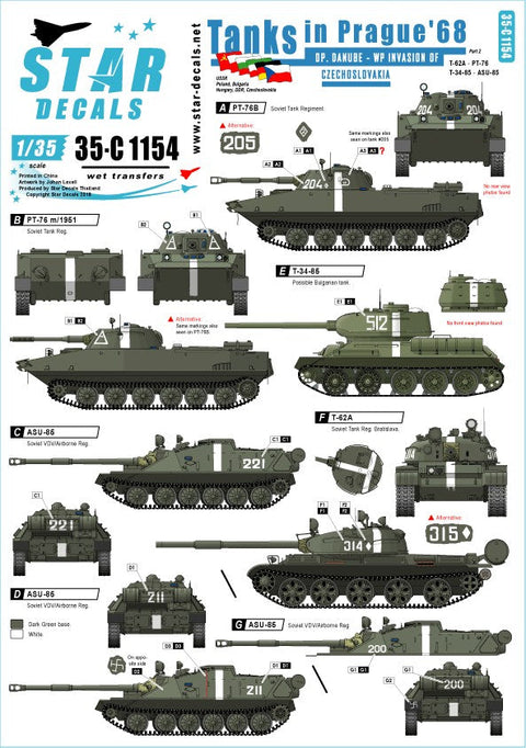 スターデカール 35-C1154 1/35 プラハ1968 ダニューブ作戦 #2 T-62A, PT-76, PT-76B, T-34-85, ASU-85