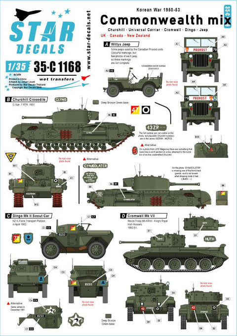 スターデカール 35-C1168 1/35 イギリス連邦共同体のマーキング 朝鮮戦争1950-53年 チャーチル、ジープ、ユニバーサルキャリア、クロムウェル、ディンゴ SC